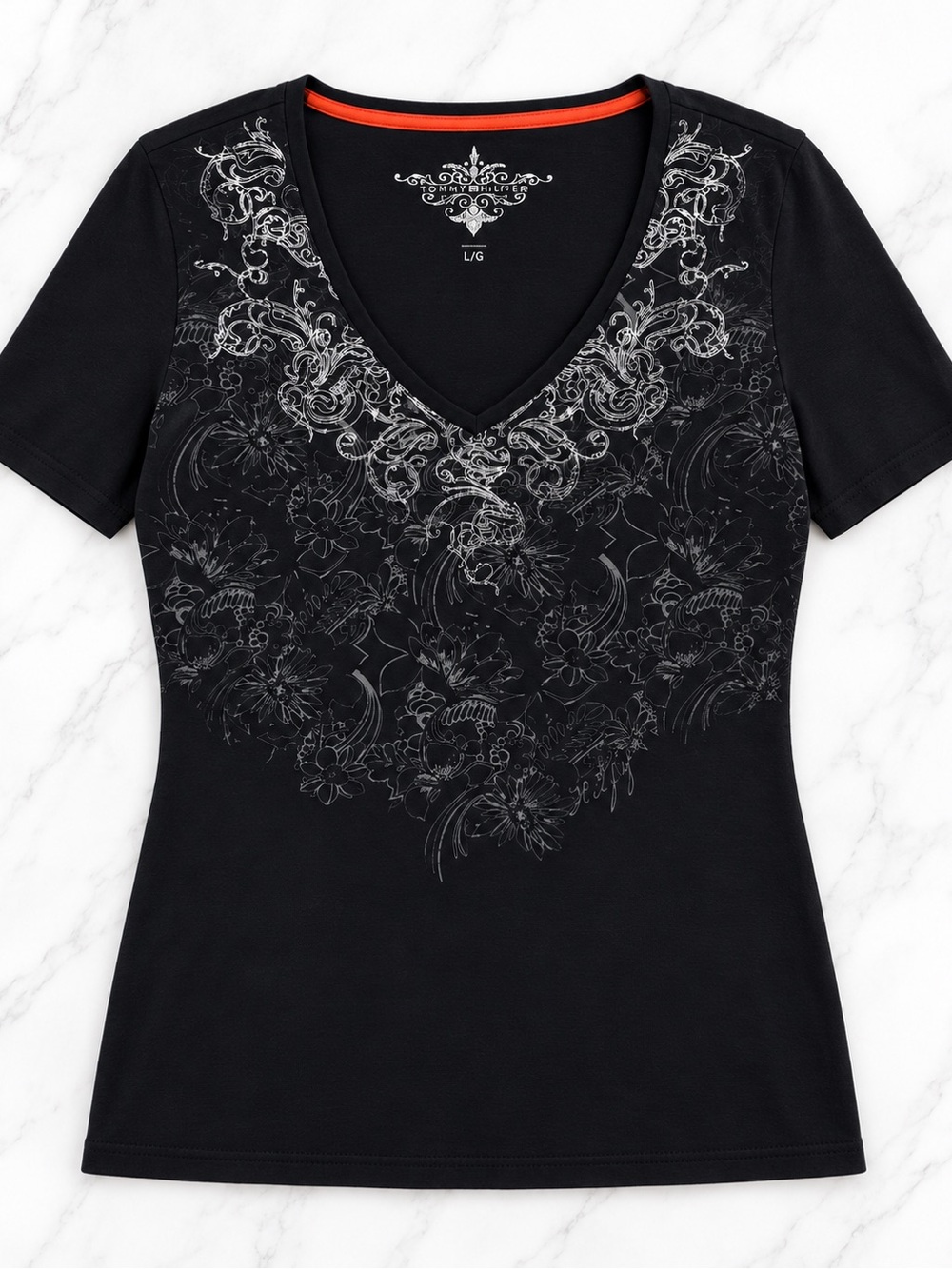 Tommy Hilfiger Black V-Neck Short Sleeve Tee with Silver Swirly Graphic Print